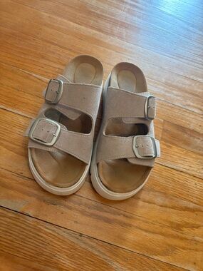 Beige Buckle Slide Sandals